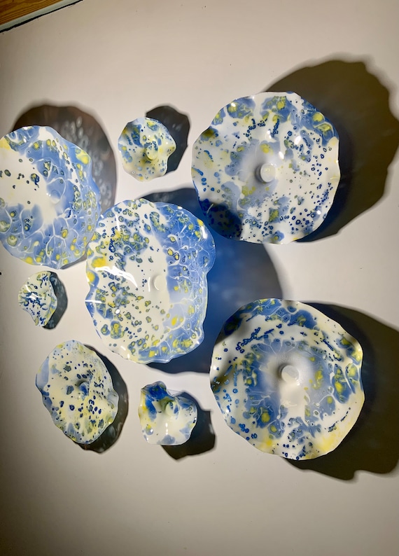 Wall flower mural 8 blue/yellow/White/handmade original/up-cycled plastic/yard sculpture/home decor plate/window hanging/looks like glass