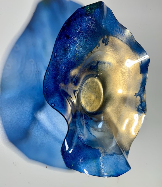 Eco-Friendly Wall Flower: blue & gold Recycled PET Art/handmade home decor/looks like glass