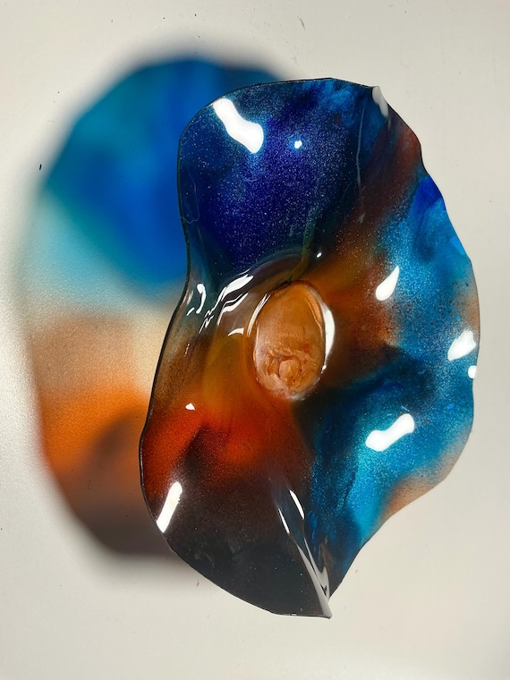 Handmade Recycled Polymer Wall Flower Art (5-inch) – blue and Orange Glass-Look Decor