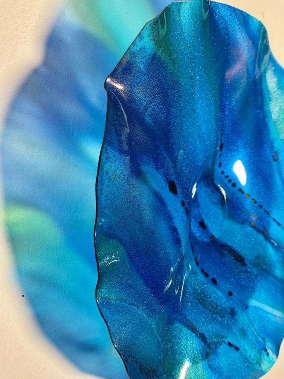 Wall flower home decor Art -blue teal- handmade from up cycled Polymer - 9” glass like look-