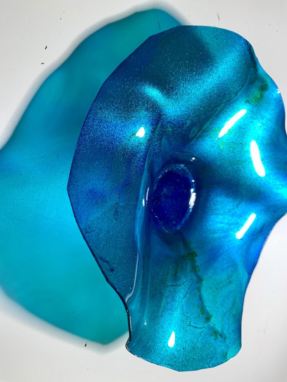 Original Ocean Arts handmade eco friendly polymer wall flower metallic teal-blue x-small 6” looks like glass/outdoor wall art/home decor art