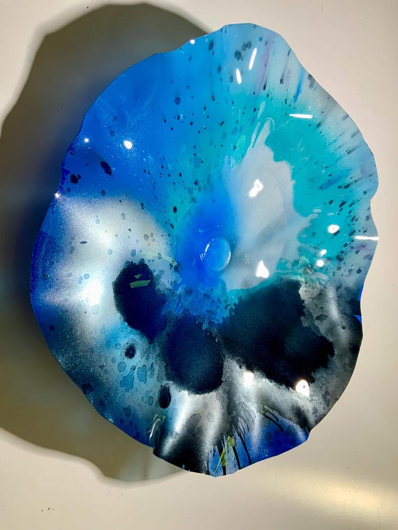 Ocean Arts wall hanging living room decor/handmade recycled plastic 15” aqua/silver/navy blue/black/white looks like glass/outdoor patio art