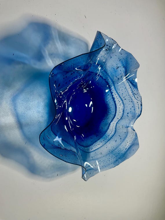 Handmade round Wall flower hanging home decor recycled plastic extra small 5”  blue-looks like glass/beachy wall art