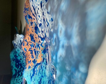 Wall sculpture flower 9 blue/aqua/white/copper handmade up-cycled plastic/boho home decor/large wall mount platter/fine art/looks like glass