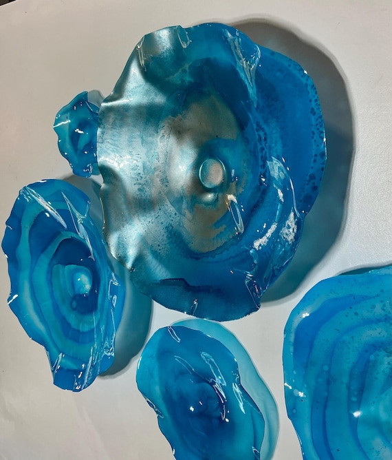 Made to order Set of 5 Handmade - Upcycled polymer - silver & Caribbean Ocean Blue Wall Flowers - Unique Glass Look Home Decor