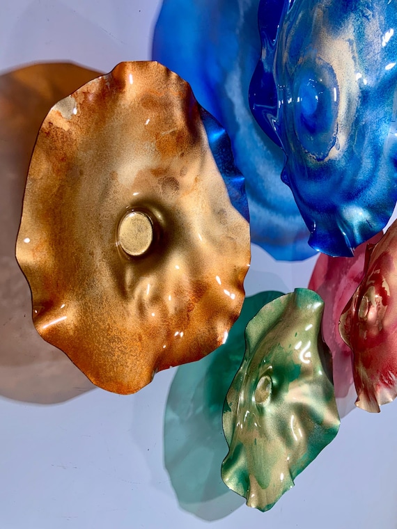 Wall Flower 9 colorful gold/blue/orange/green/red/black handmade up-cycled plastic looks like glass/boho home decor mural