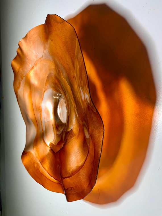 Cool wall art Small round flower orange & silver 9” handmade recycled plastic/unique home wall decor/looks like glass/creative art