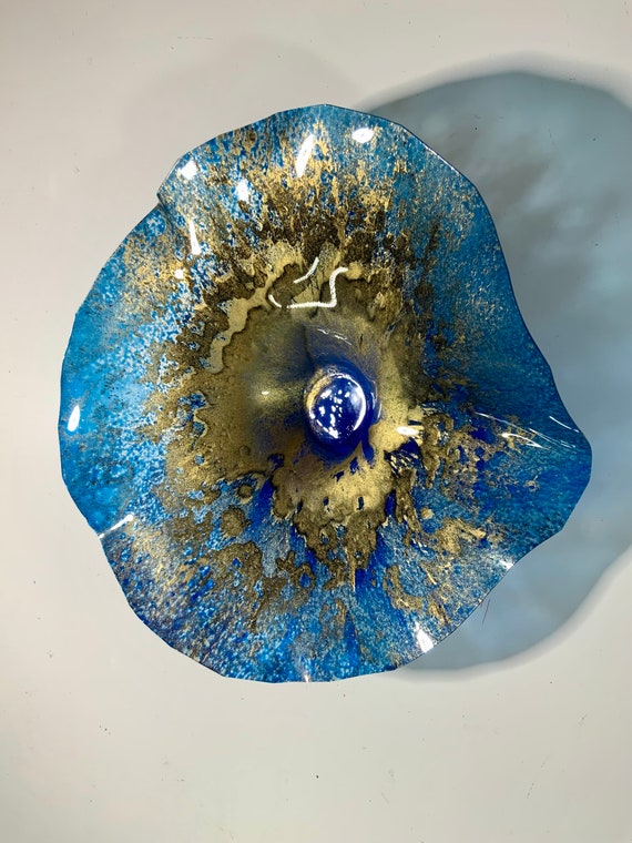 One of a kind Small Wall Flower 9” handmade recycled plastic cobalt blue/gold/beachy home decor/yard art/looks like glass/outdoor sculpture