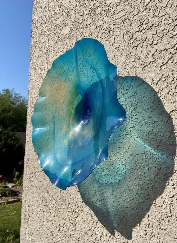 Aqua blue & gold Extra Large up cycled polymer Wall Flower Art –Glass-Like Finish