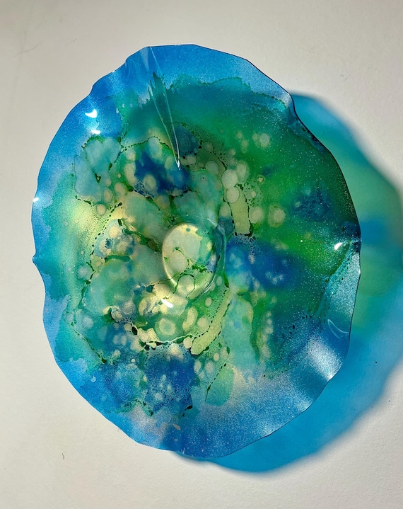 Wall flower home decor Art - handmade from Recycled Plastic - 9” glass like look- blue, green & gold