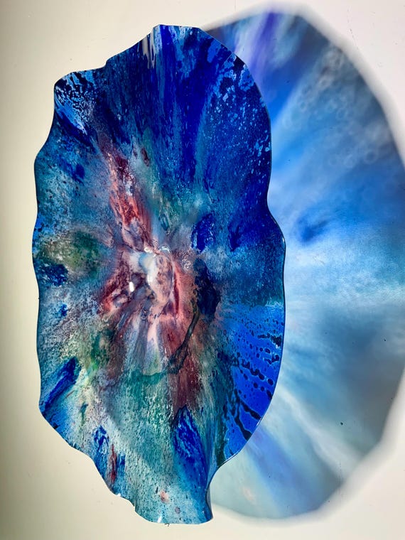 Colorful flower home wall hanging medium 13” blue/burgundy/teal/green handmade eco-friendly plastic/looks like glass/gift/living room decor