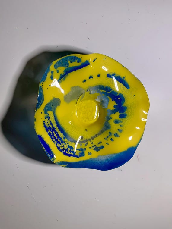 Original Handmade wall hanging sunny yellow& blue home decor- upcycled  polymer extra small 5” looks like glass - art for home decor