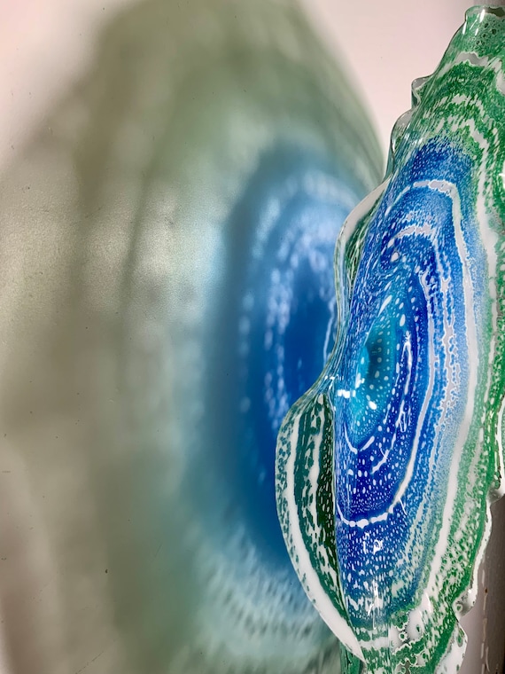 Green, blue, Aqua & white wall sculpture dish 19" handmade extra large wall art up cycled polymer-  looks like glass