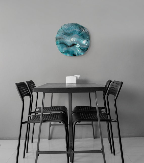 Turquoise/black/gray wall sculpture dish 19” handmade extra large home wall art/up cycled plastic window hanging home decor/looks like glass