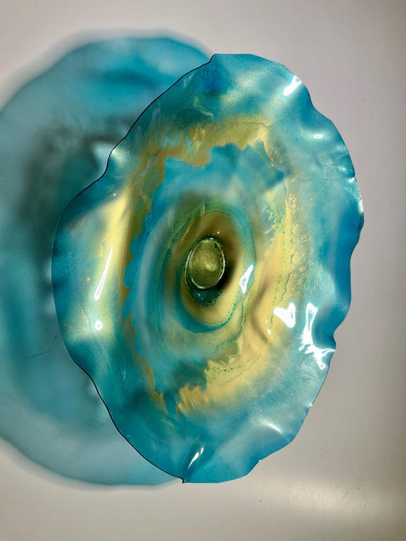 Recycled water bottle wall flower home accent art 12" aqua teal blue/gold handmade eco art/floral home decor/looks like glass