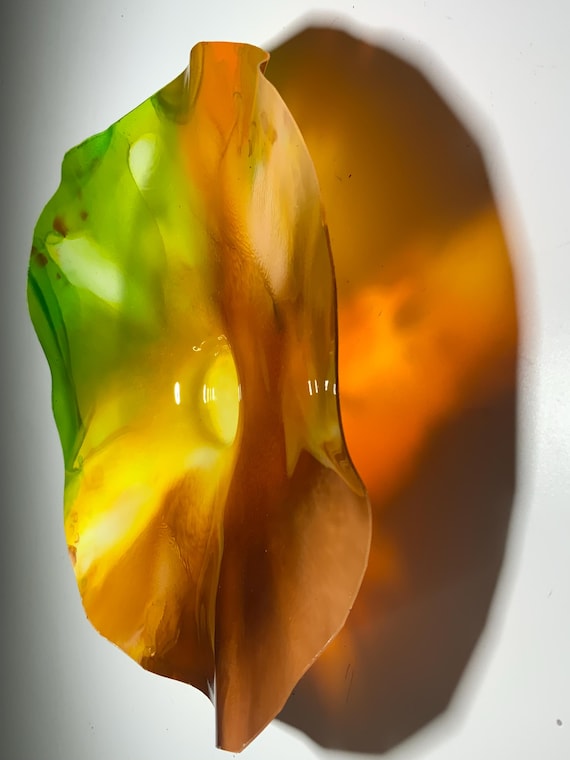 Handmade recycled plastic home decor Small Wall flower 9” orange/green/yellow funky wall hanging/looks like glass/Todd Lynd art/patio decor