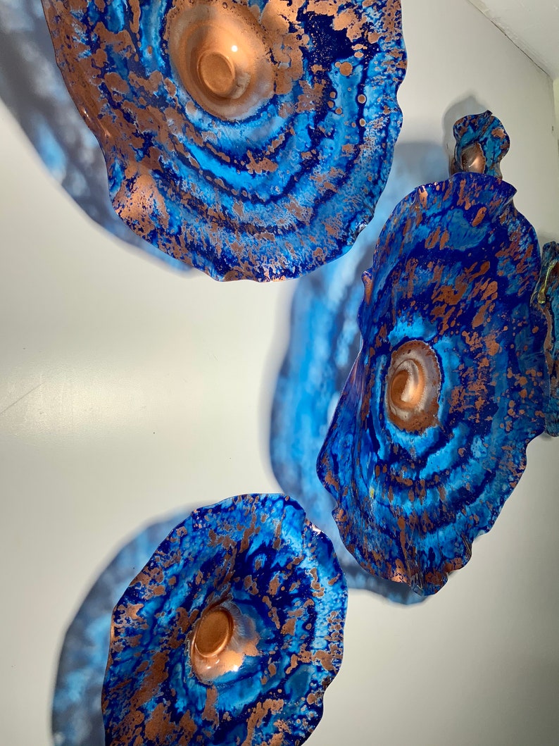 Recycled plastic wall flower Cobalt blue/copper wall hanging/home decor art/you pick size/quantity handmade indoor outdoor/looks like glass image 6