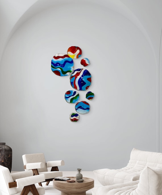 Rainbow of color original wall platter mural 8 handmade recycled plastic/looks like glass/indoor outdoor/home decor whimsy art/cool wall art