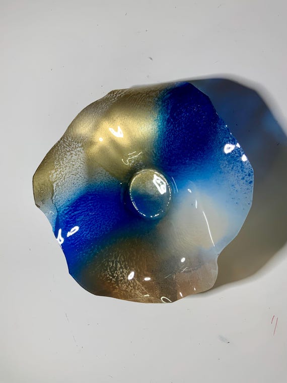 Handmade round Wall flower hanging home decor recycled plastic extra small 5” stunning ocean blue/gold looks like glass/outdoor patio art