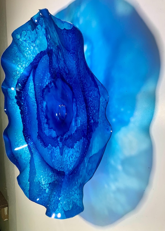 Up cycled Plastic Ocean Flower Wall Art: Coastal Blue Decor, Todd Lynd-looks like glass