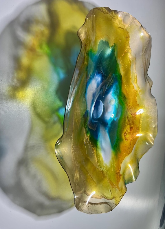 Original Wildflower Artwork | Vibrant Gold Blue Green Silver 12”  Home Decor- up cycled plastic, looks like glass