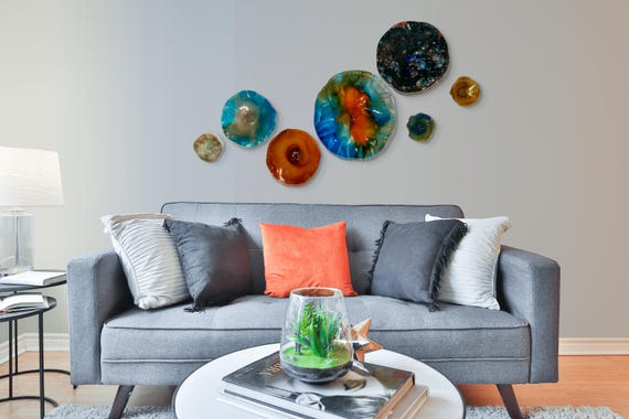 Colorful  Handmade Wall Mural 7 pieces - orange, brown, blue, black & gold Exclusive Sea Glass Look with Recycled Plastic