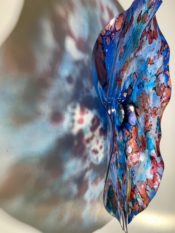 Original Medium Wall flower art wall decor 13” blue, brown, terra-cotta & silver handmade eco friendly polymer  - looks like glass