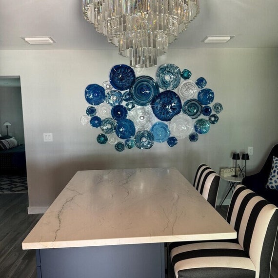 Made to order Marine ocean blues/white large wall flower mural 33 up cycled plastic looks like glass/indoor outdoor/beach home wall decor