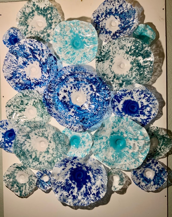 Ocean spray large wall mural 19 aqua/sea foam blue-green/cobalt blue/white handmade recycled plastic/beach home decor pate/looks like glass