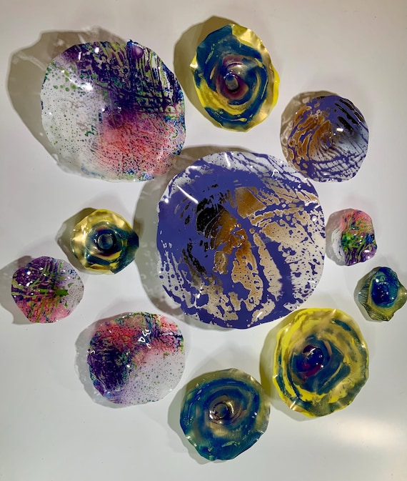 Multi- colored original wall platter mural 11 handmade up cycled plastic/looks like glass/home decor whimsy art/artist picks