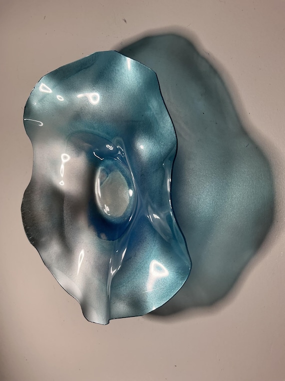 Recycled Polymer Wall Flower Art – blue & silver 5-6 Inch- looks like glass