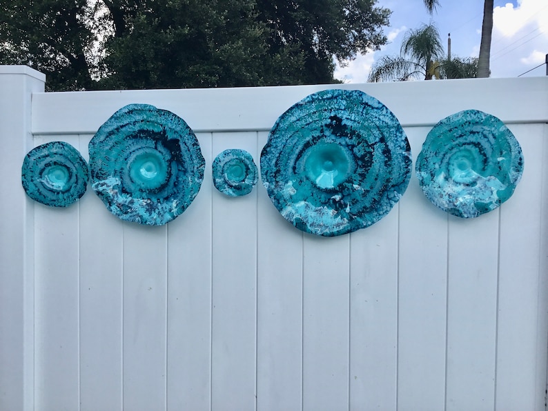 Aqua/teal blue flowers wall art sculpture handmade recycled plastic looks like glass/indoor outdoor boho home decor/You pick size/quantity image 9