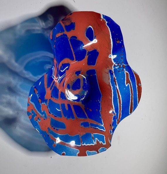 5” Small Boho Wall Flower Art blue & orange Eco Decor for Living Room and Bedroom up cycled plastic -