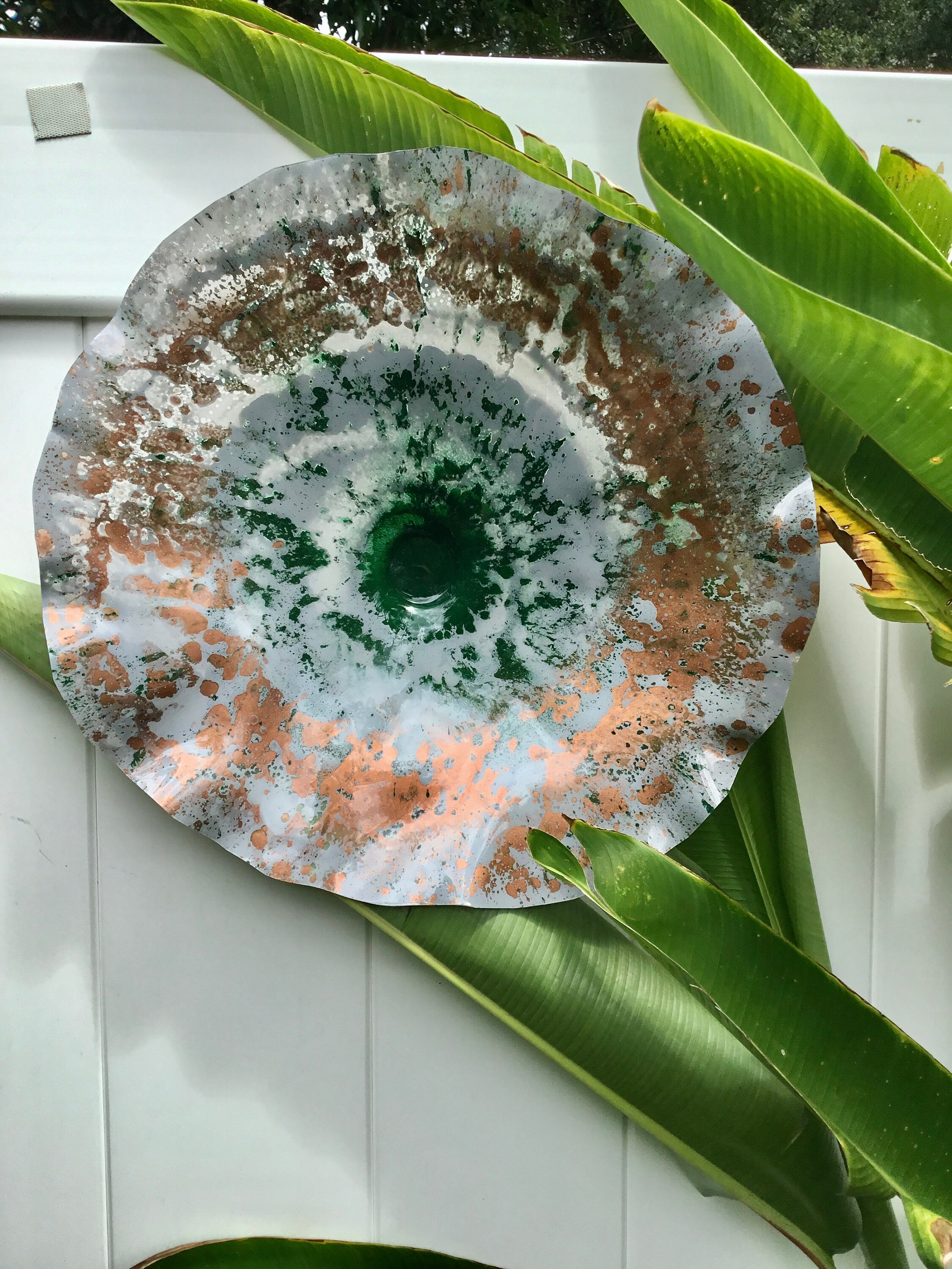 Wall Flower sculpture mural 15” gray/copper/green handmade ecofriendly plastic/outdoor wall art