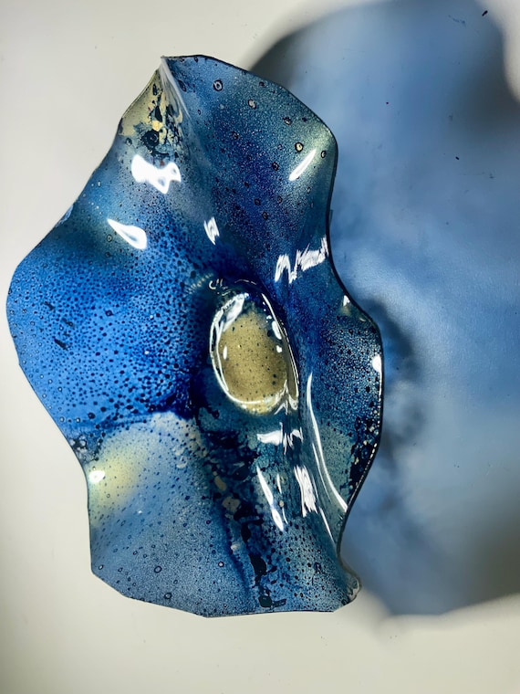 Recycled plastic wall flower extra small 5” blue, black & gold - looks like glass/outdoor poolside art/unique beach home wall decor