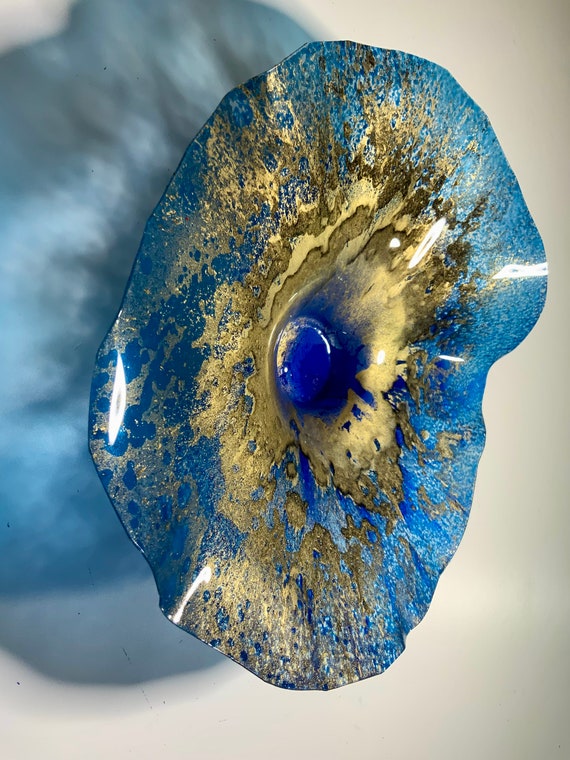 One of a kind Small Wall Flower 9” handmade recycled polymer cobalt blue & gold/beachy home decor - looks like glass  -outdoor sculpture