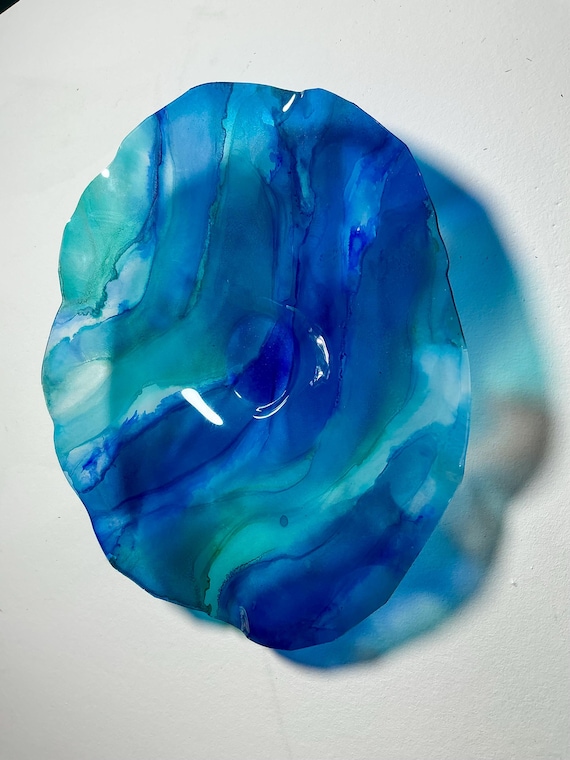 Wall flower home decor Art blue & aqua - handmade from Recycled Polymer - 9” glass like look