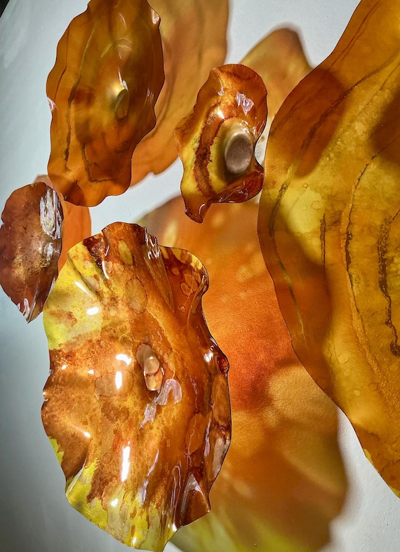 Vibrant Handmade Wall Flowers by Ocean Arts - gold & orange- Upcycled Polymer Glass-Look Decor