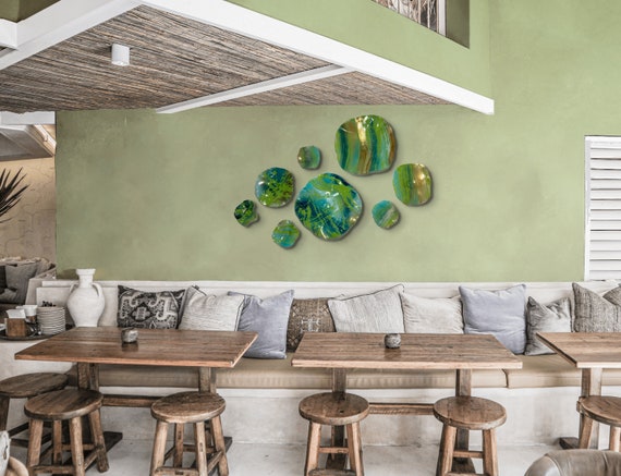 Copper/blue/green/aqua wall flower sculpture 8 handmade/bedroom home decor platter art/eco-friendly plastic looks like glass/ceiling hanging