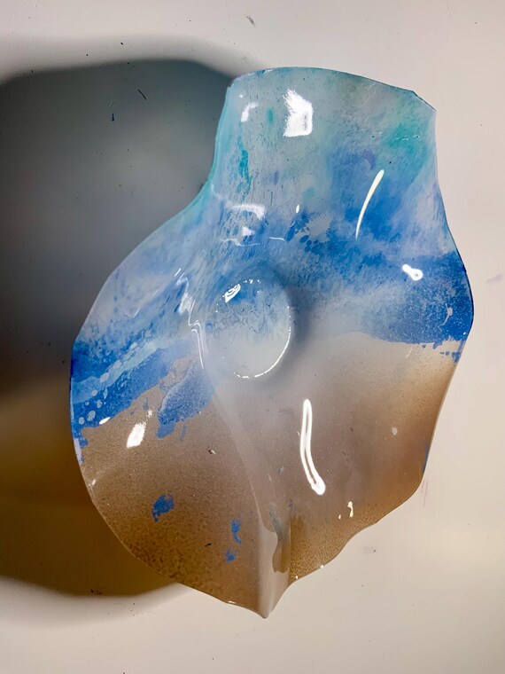 Neutral brown/tan/blue Handmade Wall flower earth tone home decor recycled plastic extra small 5” looks like glass/southwest art