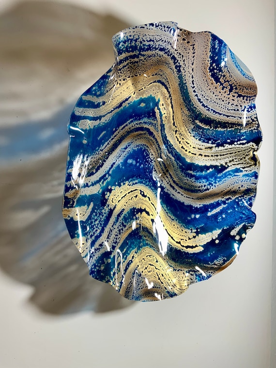 Extra large flower 20” handmade up-cycled plastic/wall mount/blue/gold/taupe window hanging/home decor art/looks like glass/living room art