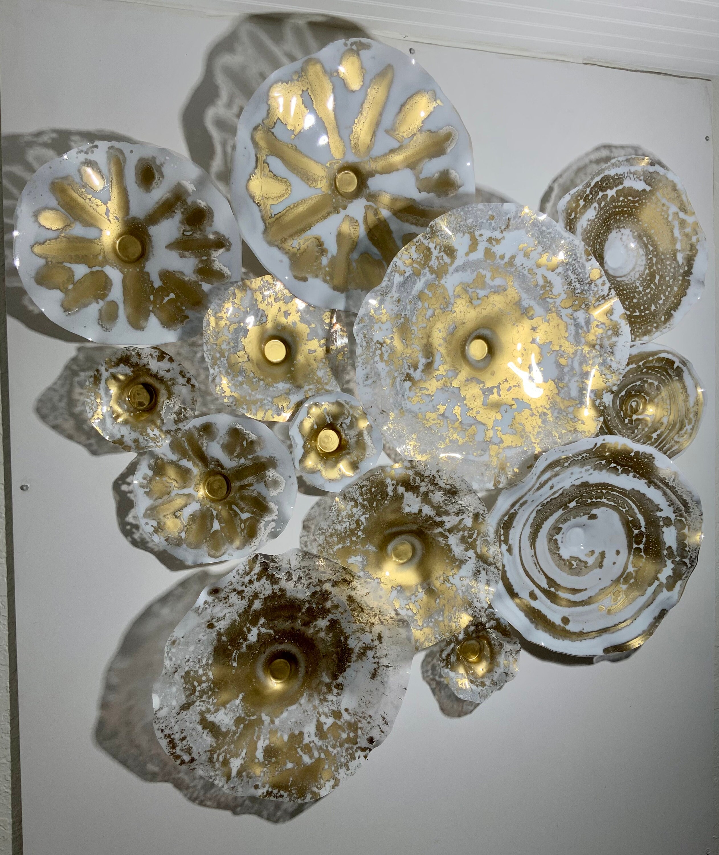 Gold/White wall Flower mural 13 handmade translucent up cycled polymer
