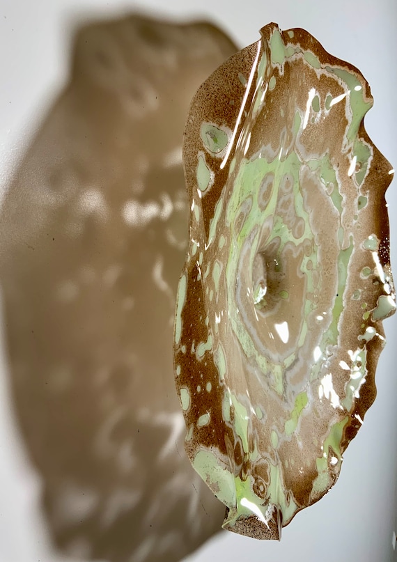 Medium wall flower sculpture 12" brown/lime cream/white handmade recycled plastic/boho home decor mural art/window hanging/looks like glass