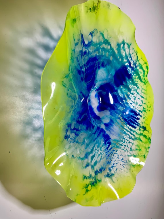 Original Handmade recycled plastic/boho home decor small wall flower sculpture 9” yellow/white/blue looks like glass/living room wall art