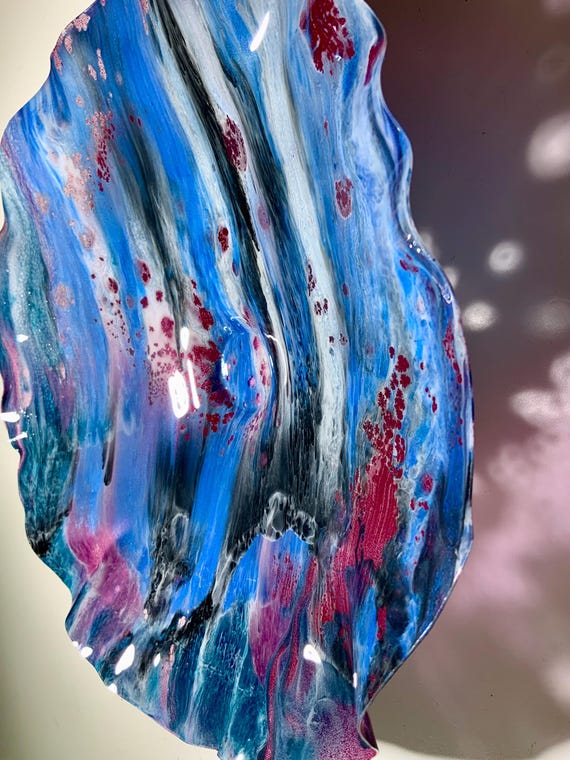 Original wall flower art 12" handmade up-cycled polymer -blue, metallic red, gray & teal - home decor wall hanging - looks like glass
