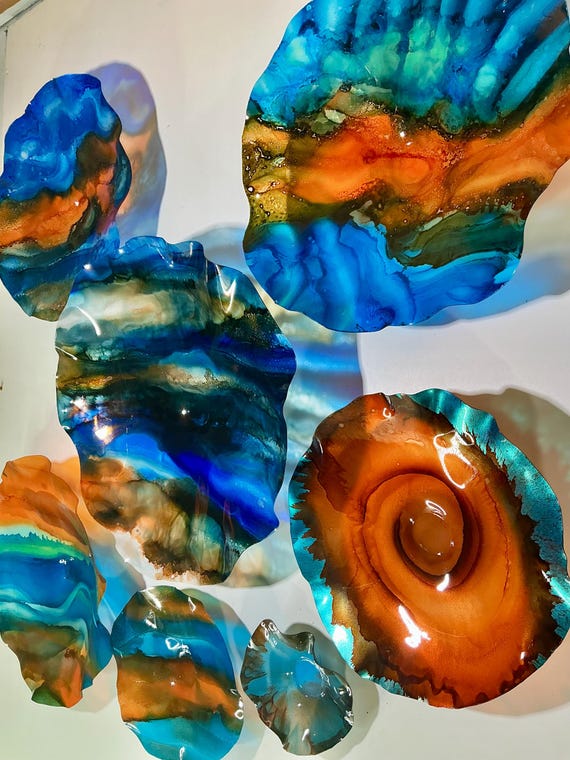 Stunning Light Reflecting Wall Flower Art - Set of 7 Handcrafted from Recycled Plastic in Blue & Teal