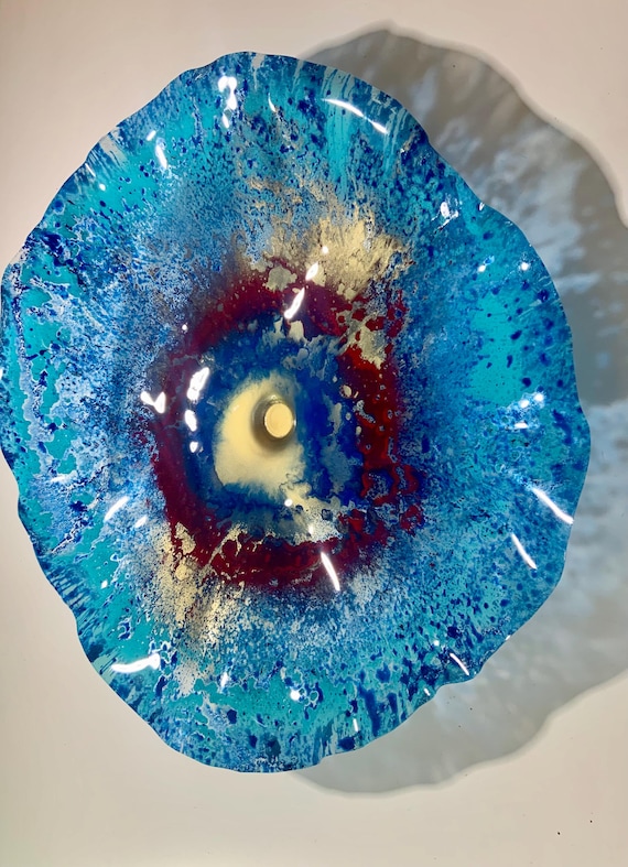 XX Large Up cycled PET Wall Flower: Blue Gold Burgundy Aqua Eco-Friendly Decor- looks like glass