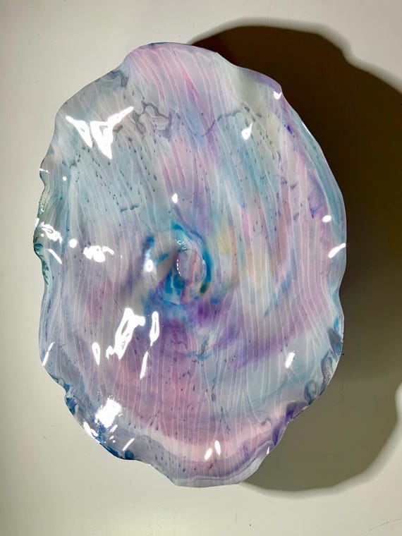 One of a kind Ocean Arts Wall Flower 15” handmade upcycled plastic coral pink/aqua/white home decor wall hanging/looks like glass/gift art