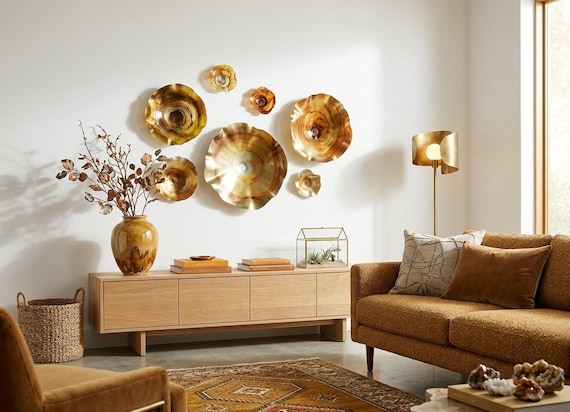 Golden Amber, honey, burnt orange, chartreuse & silver Wallflower Decor – Glass-Look in Neutral Earth Tones, Handmade with up cycled polymer