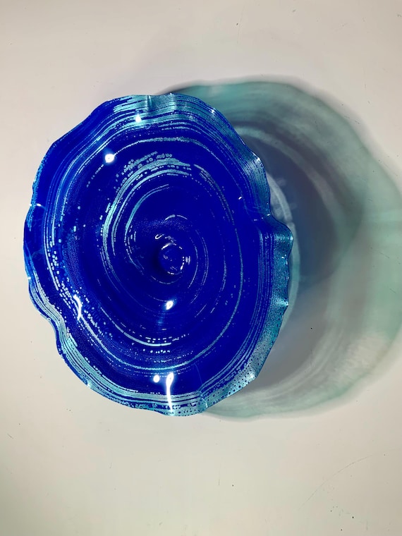 Handmade wall flower coralreeflections art 13”/indigo blue/metallic teal/up cycled plastic/coastal home decor beach/outdoor/looks like glass